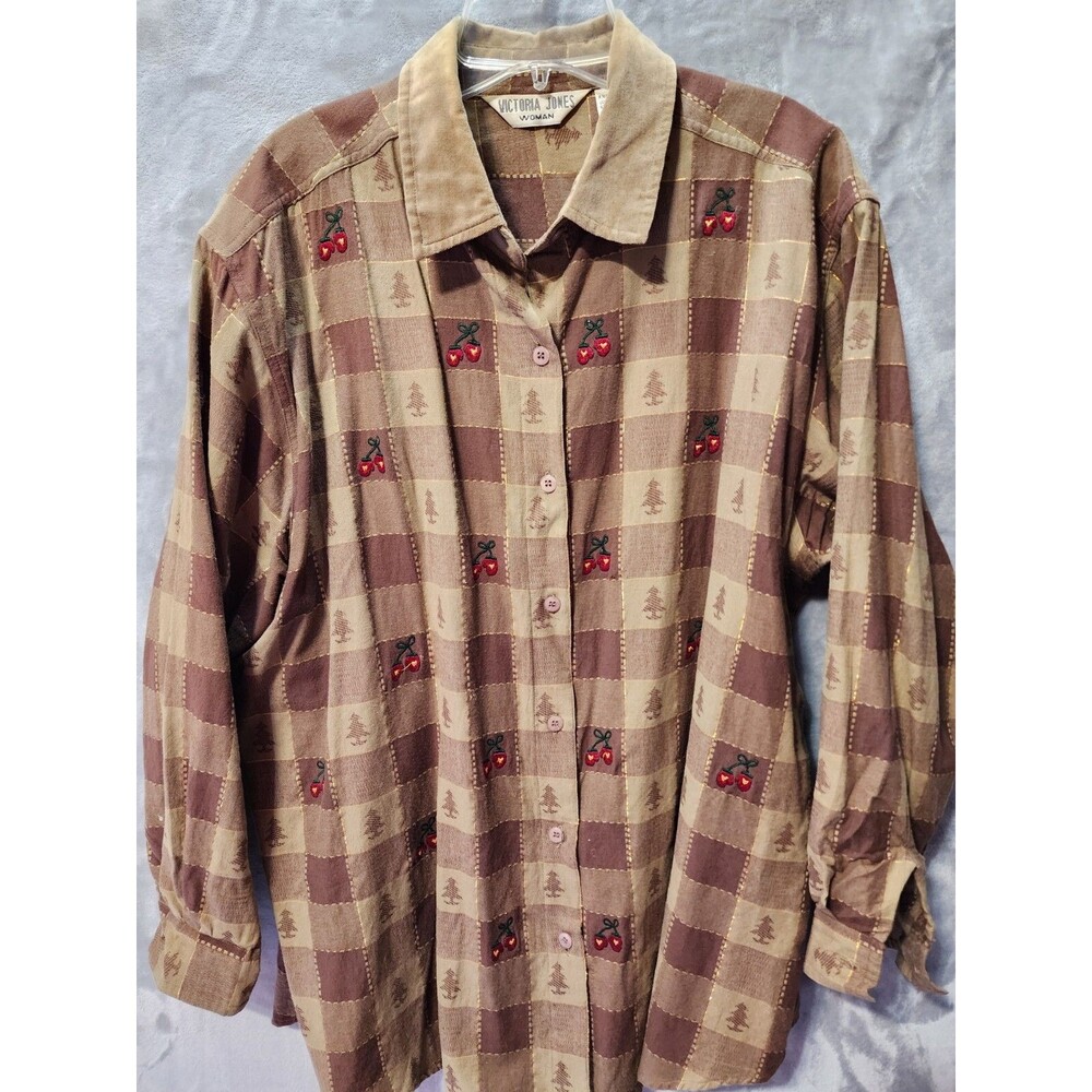 VTG Womens Ugly Christmas Button Up Top Shirt 1x Brown Christmas Tree Mittens